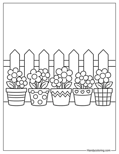 Flower Pots on Wooden Fence Coloring Page