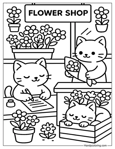 Flower Shop Cat Crew Coloring Page