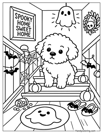Fluffy Dog with Stairway Coloring Page