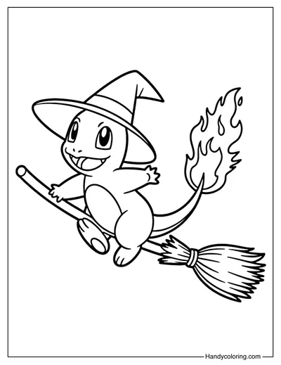 Flying Broom Charmander Coloring Page