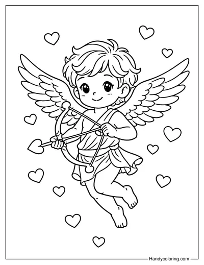 Flying Cupid And Falling Hearts Coloring Page