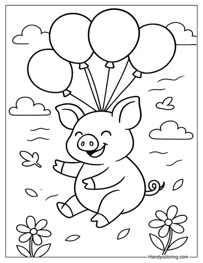 Flying Pig with Balloons Coloring Page