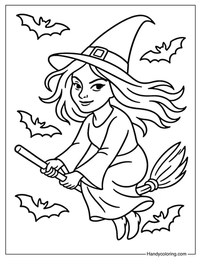 Flying Witch and Bats Coloring Page