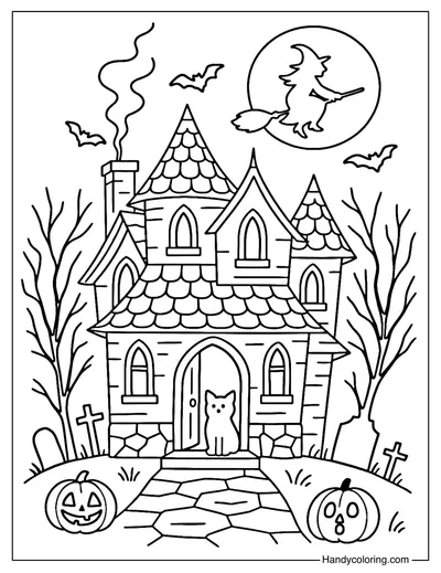 Flying Witch Haunted House Coloring Page
