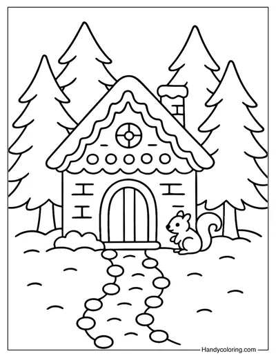 Forest Cabin Gingerbread House Coloring Page