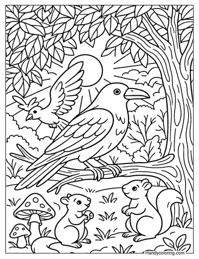 Forest Crow Coloring Page