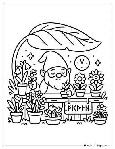 Forest Gnome Blossom Station Coloring Page