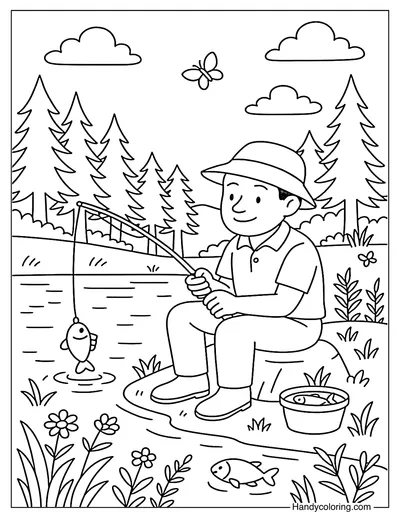 Forest Lake Fishing Coloring Page