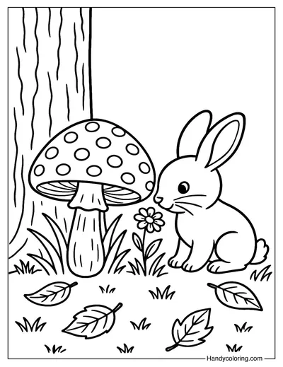 Forest Mushroom and Rabbit Coloring Page