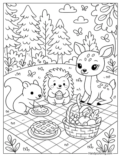 Forest Picnic with Cute Creatures Coloring Page