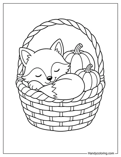 Fox Curled Up in Pumpkin Basket