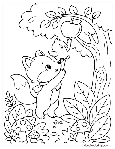 Fox Helping Little Bird Reach Apple