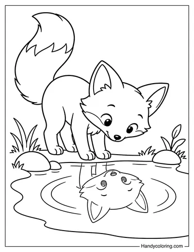 Fox Looking at Its Reflection in a Pond