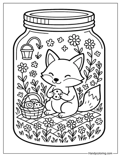 Fox Picnic in a Jar Coloring Page