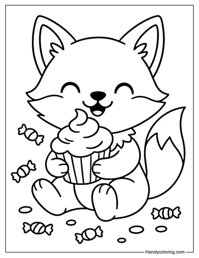 Fox with Cupcake Coloring Page