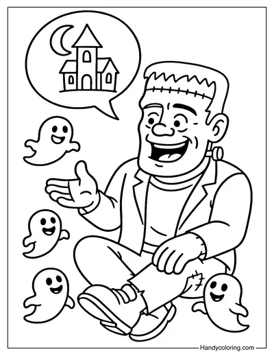 Frankenstein and Ghost Friends Coloring Page