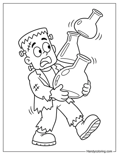 Frankenstein Carrying Too Many Laboratory Bottles