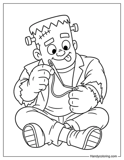 Frankenstein Trying to Sew His Torn Sleeve