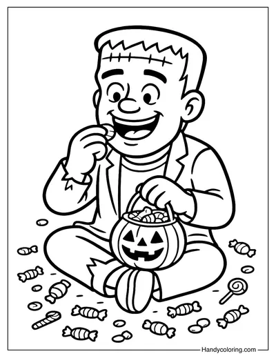 Frankenstein with Candy Coloring Page