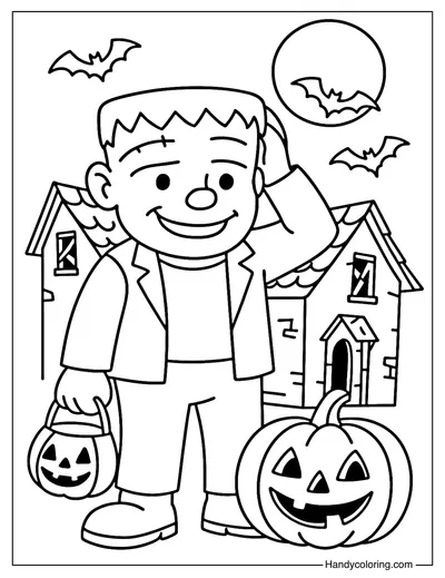Frankenstein with Haunted House Coloring Page