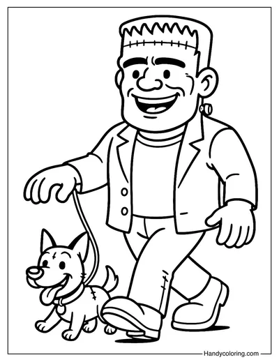 Frankenstein with Pet Dog Coloring Page