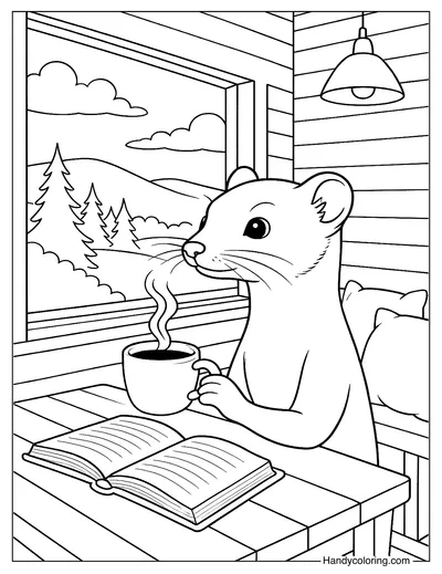 Free Weasel Drinking Coffee Coloring Page