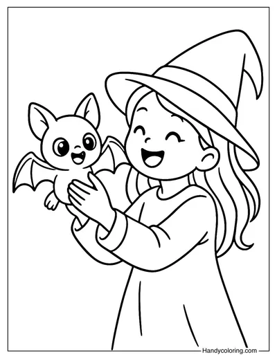 Friendly Bat Witch Coloring Page
