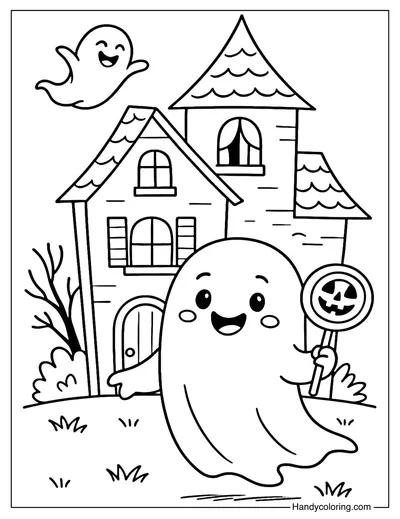 Friendly Ghost Haunted House Coloring Page