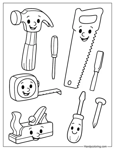 Friendly Tools with Faces Coloring Page