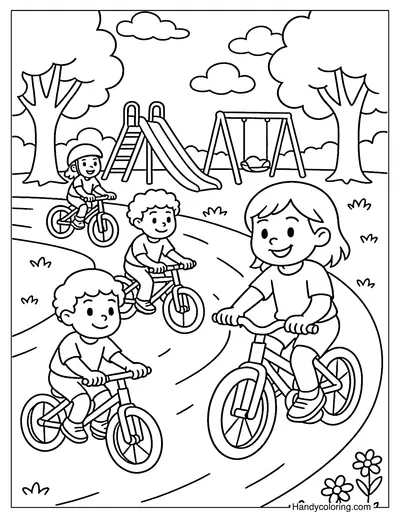 Friends Biking Playground Coloring Page