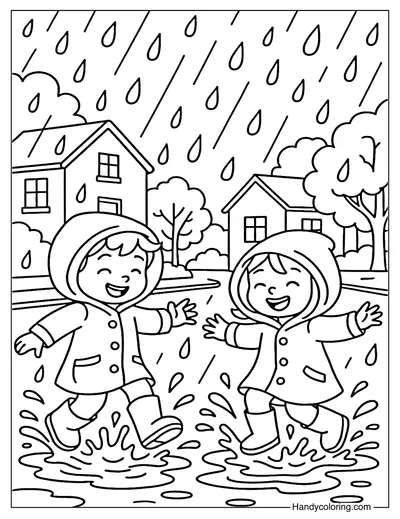 Friends Jumping in Puddles Coloring Page