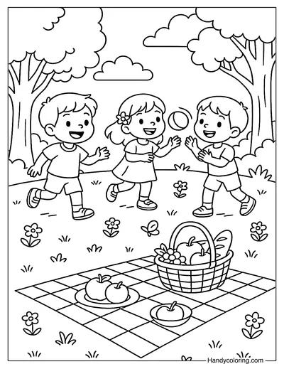Friends Playing at Picnic Coloring Page