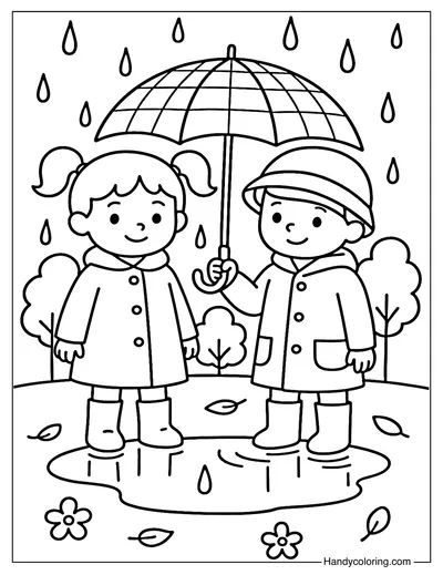 Friends Sharing an Umbrella Coloring Page