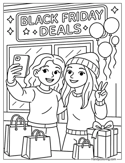 Friends Shopping Selfie Coloring Page