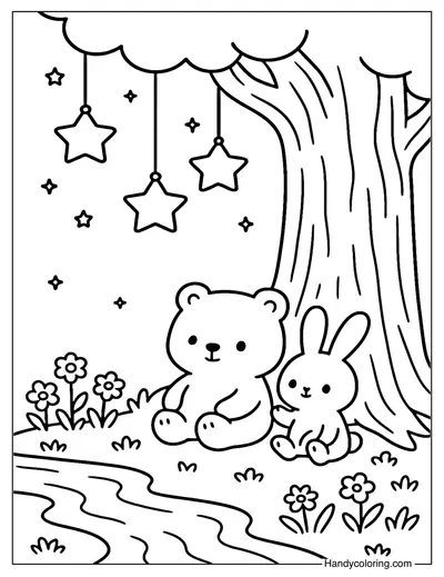 Friends under the Star Tree Coloring Page