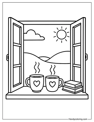 Friendship Tea Window Scene Coloring Page