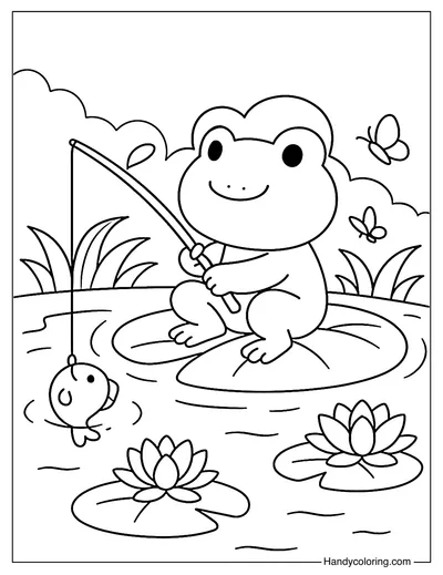 Frog Fishing Fun Coloring Page