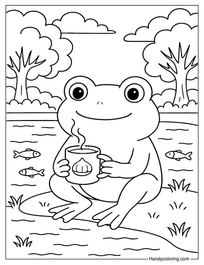 Frog Holding a Cup of Coffee Coloring Page
