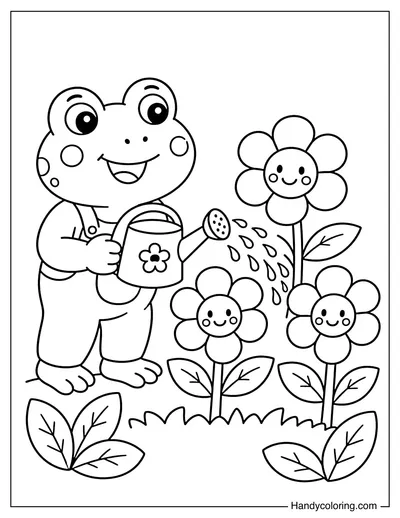 Frog Watering Garden Flowers