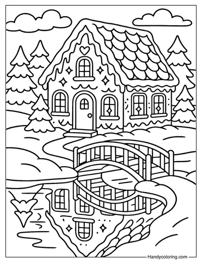 Frozen Lake Gingerbread House Coloring Page
