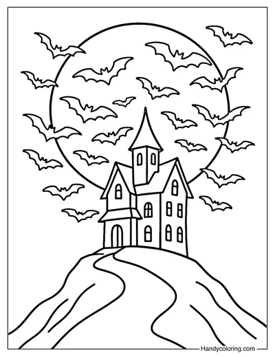 Full Moon Haunted House Coloring Page