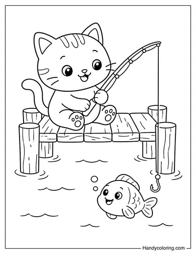 Funny Cat Fishing on Wooden Dock
