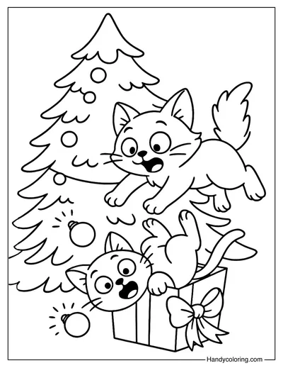 Funny Cats Christmas Tree Coloring Page