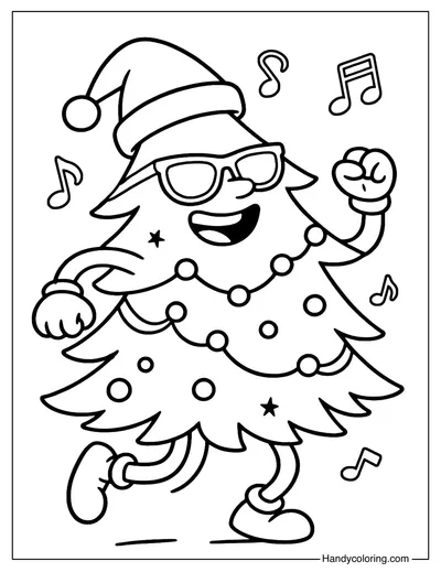 Funny Dancing Christmas Tree Coloring Page