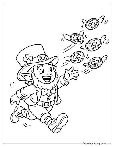 Funny Leprechaun with Gold Coins Coloring Page