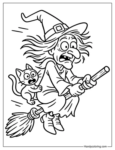 Funny Old Witch with Broom Coloring Page