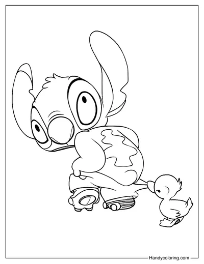 Funny Stitch with Duck Coloring Page