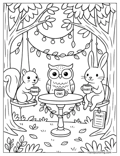 Furry Coffee Shop Under the Trees Coloring Page
