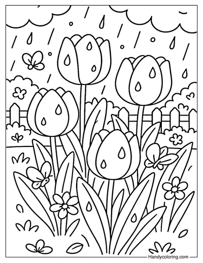 Garden of Tulips in the Rain Coloring Page