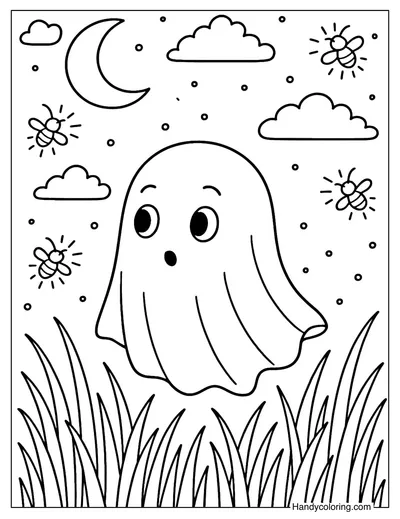 Ghost and Fireflies Coloring Page